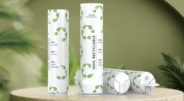 100% recyclable mono-material squeeze tubes made from PE, featuring eco-friendly designs with green recycling symbols for sustainable packaging.